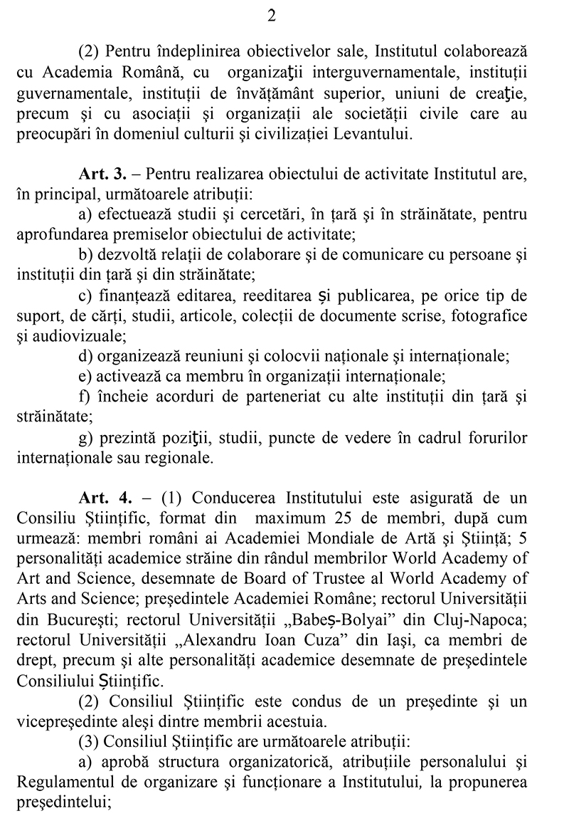 Lege privind înfiinţarea Institutului de Studii Avansate pentru Cultura şi Civilizaţia Levantului