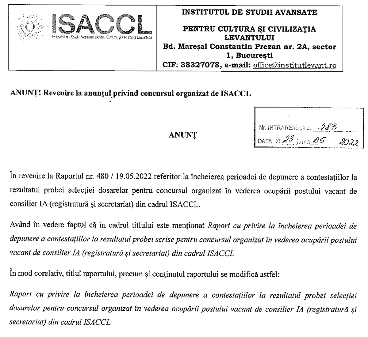 ANUNȚ! Revenire la anunțul privind concursul organizat de ISACCL